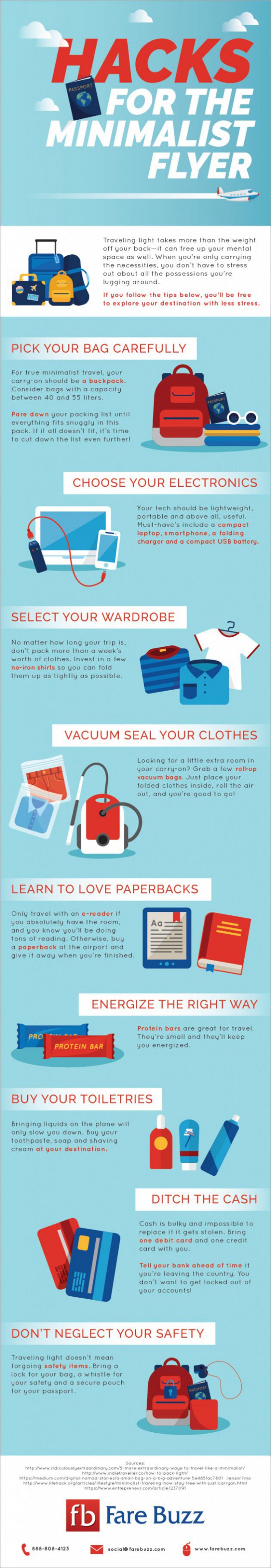 FareBuzz Minimalist Flyer Infographics - Traveling light takes weight off your back, carrying only the necessities in backpack, makes you stress free.